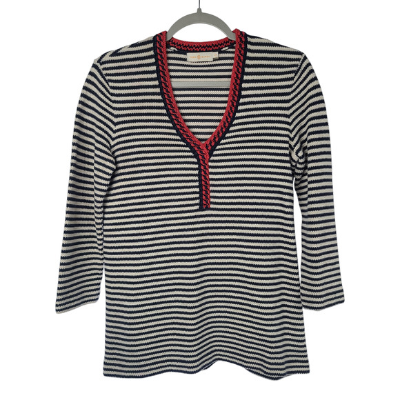 Tory Burch Sweaters - Tory Burch Sweater Women's Small Striped V-neck Pullover 3/4 Sleeve Cotton